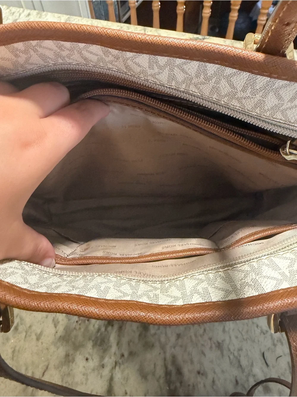 Michael Kors Jet Set Travel White Signature MK Tote with Brown Leather Trim